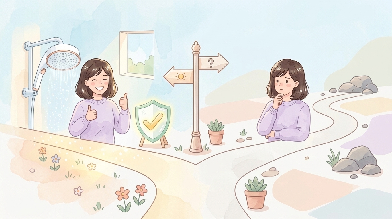 二股の道でシャワーヘッドと向き合う女性の選択イラスト