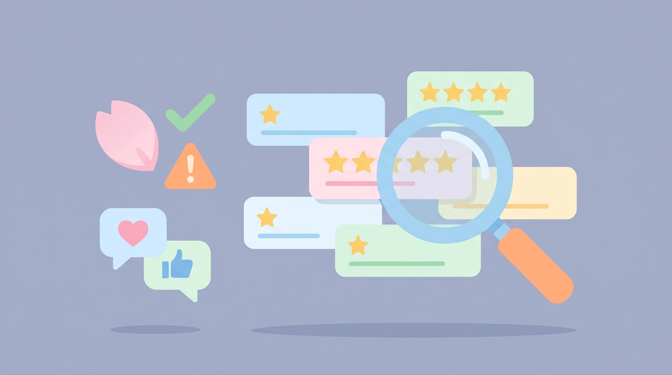 レビューカードを虫眼鏡で検証し口コミの信頼性を分析するイラスト