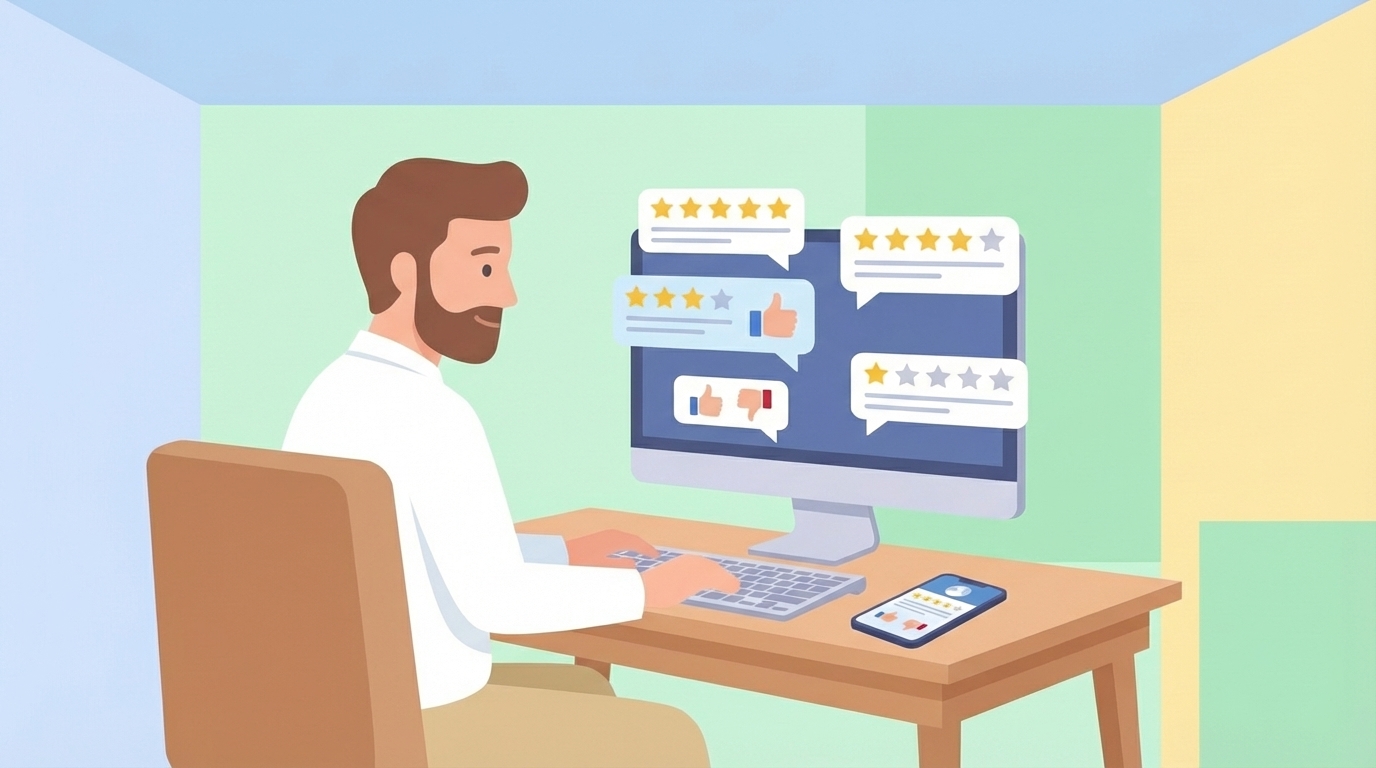 パソコンでレビューを確認する男性のイラスト