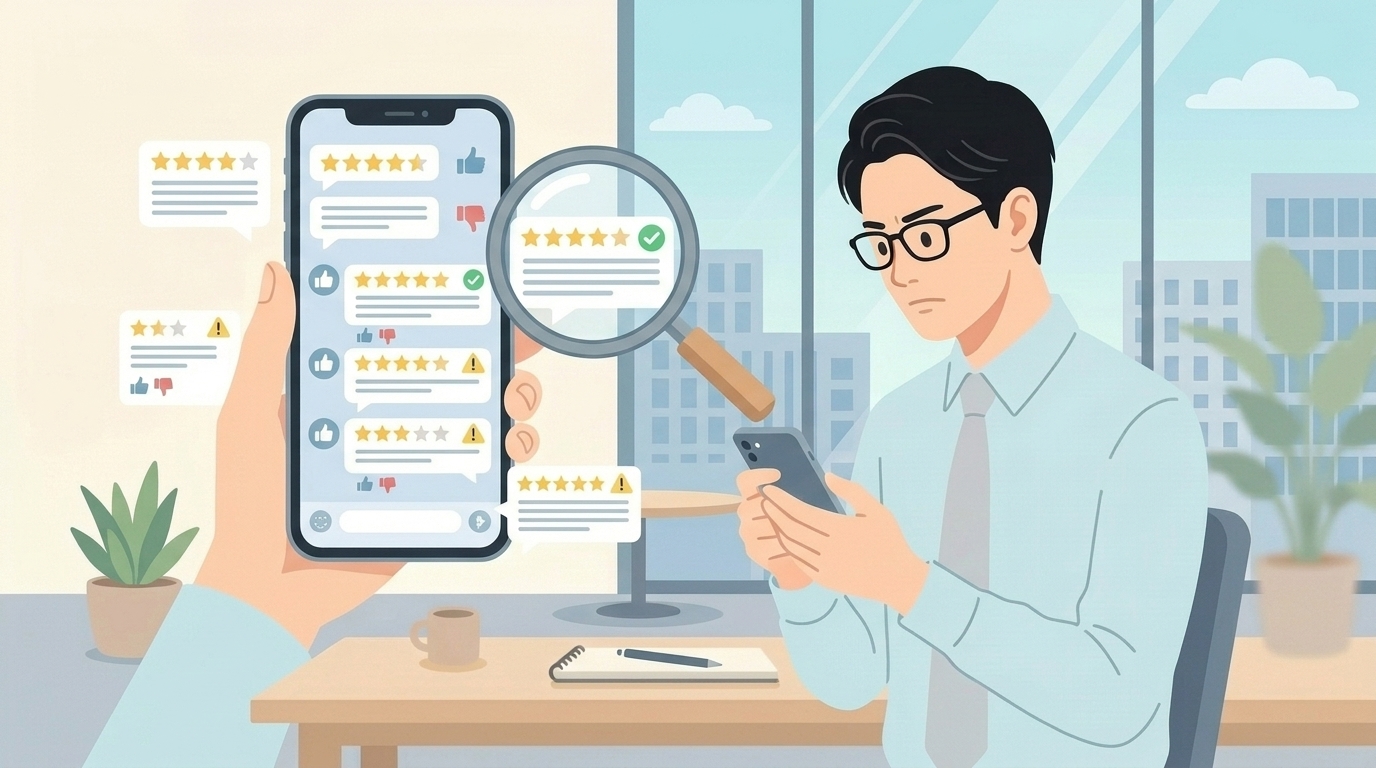 スマホのレビューを虫眼鏡で精査する男性のイラスト