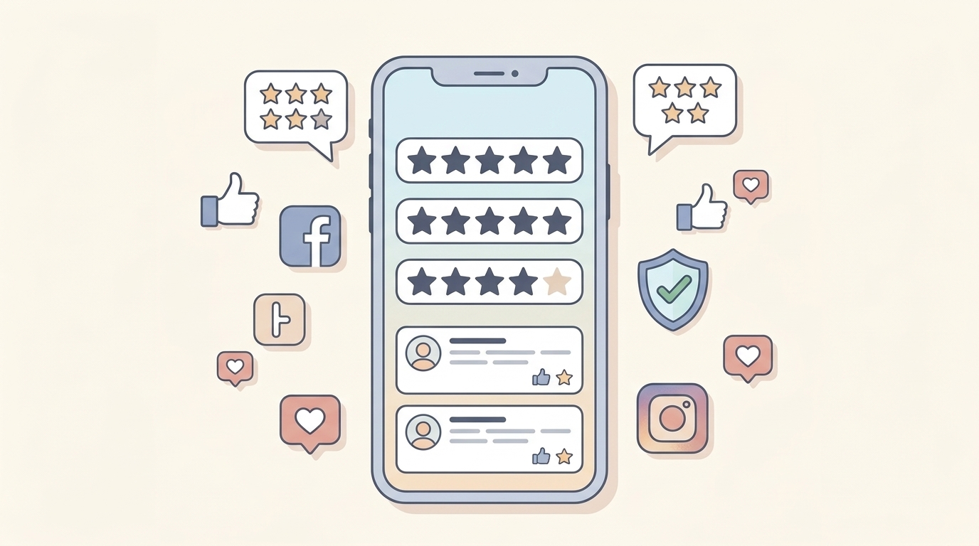 スマホに表示された星評価とSNSの口コミを確認するイラスト