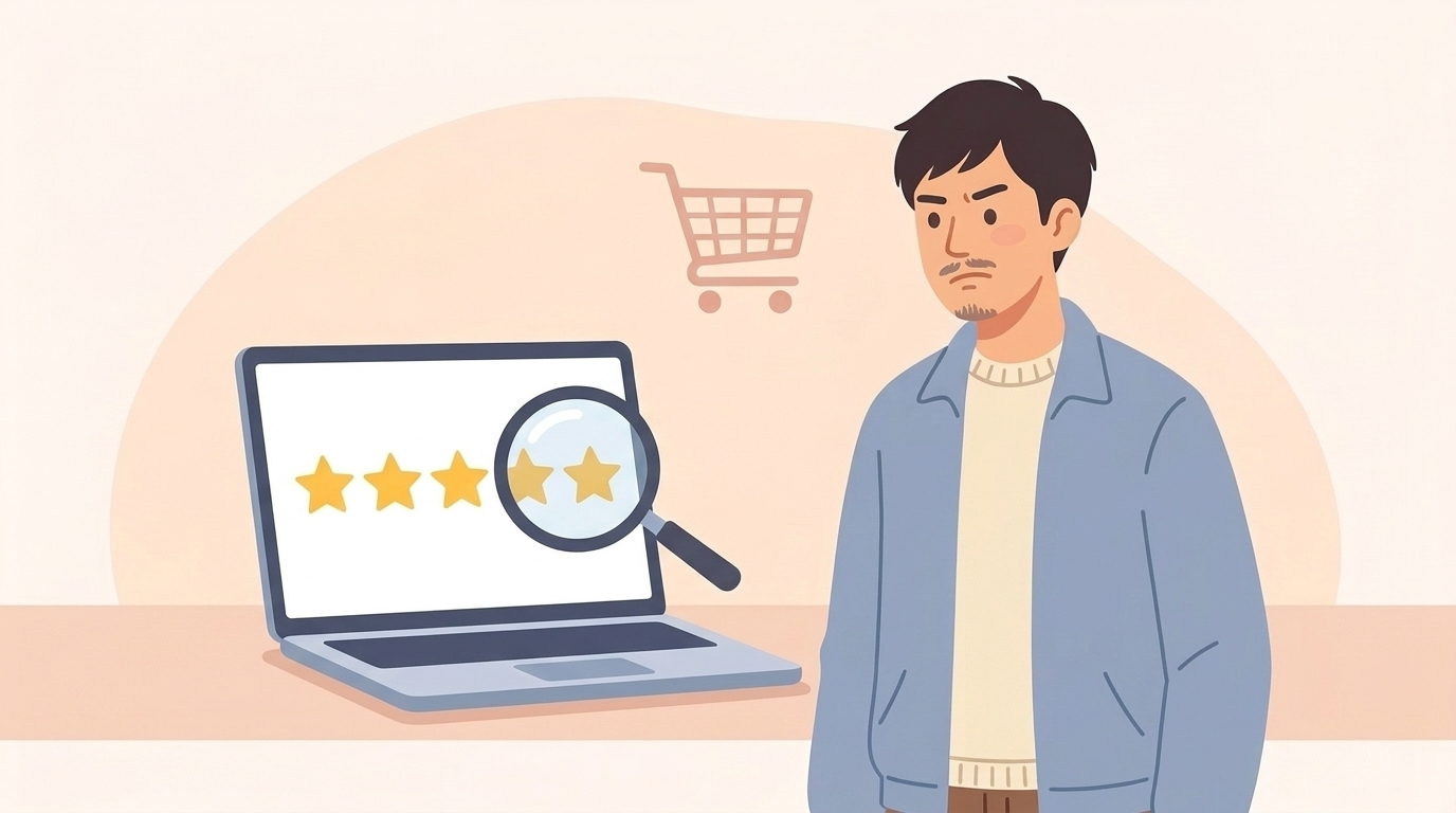 レビュー星評価を虫眼鏡で確認する男性のイラスト