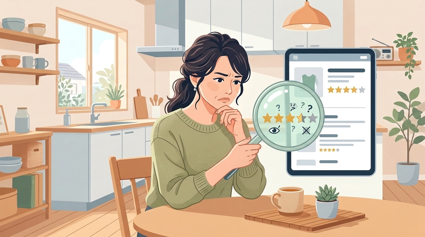 星評価を虫眼鏡で調べる女性のフラットイラスト