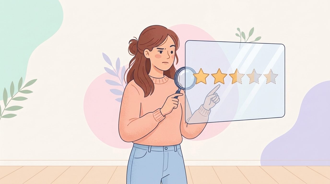 虫眼鏡でAmazonのレビュー星評価を慎重に確認する女性のイラスト