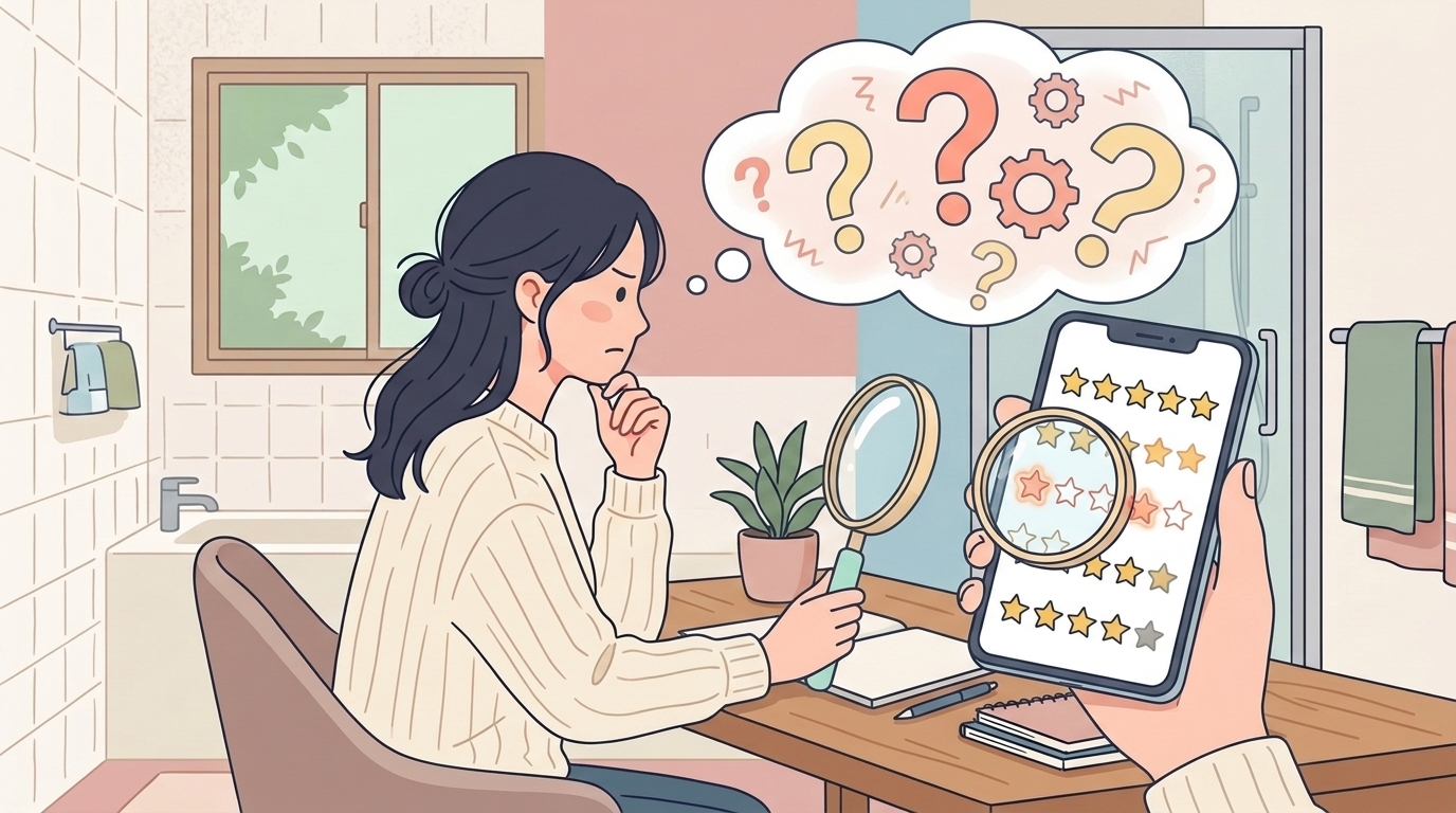 スマートフォンの星評価レビューを虫眼鏡で確認する女性のイラスト