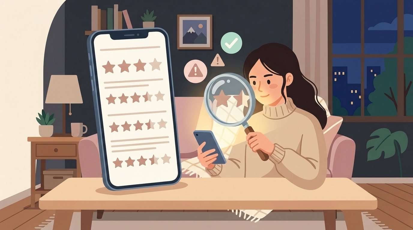 スマホのレビューを虫眼鏡で検証するイラスト