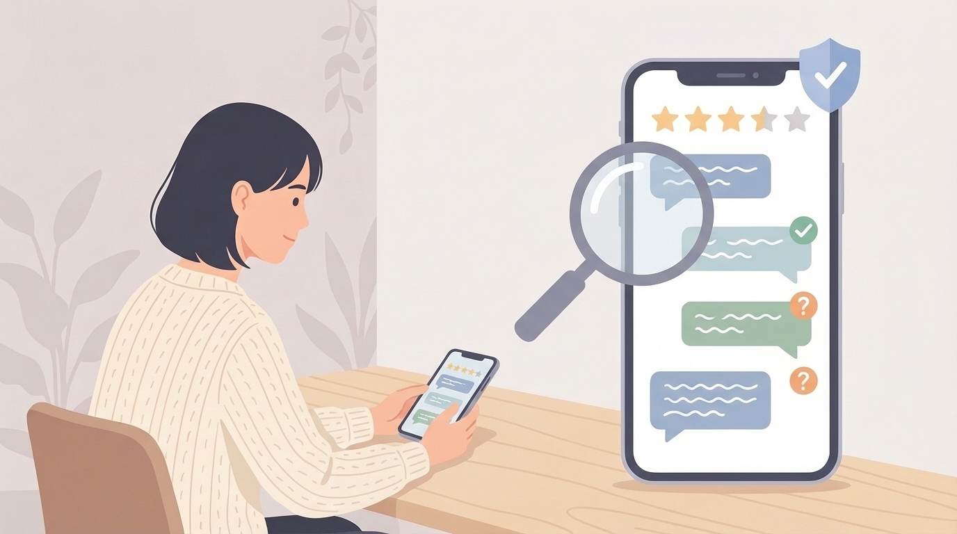 スマホでレビューの信頼性を検証する女性のイラスト