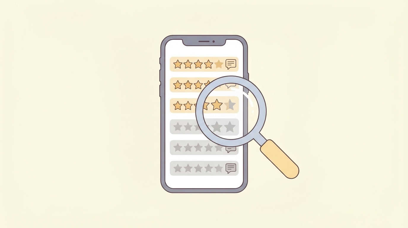 スマートフォンの星評価レビューを虫眼鏡で検証するイラスト