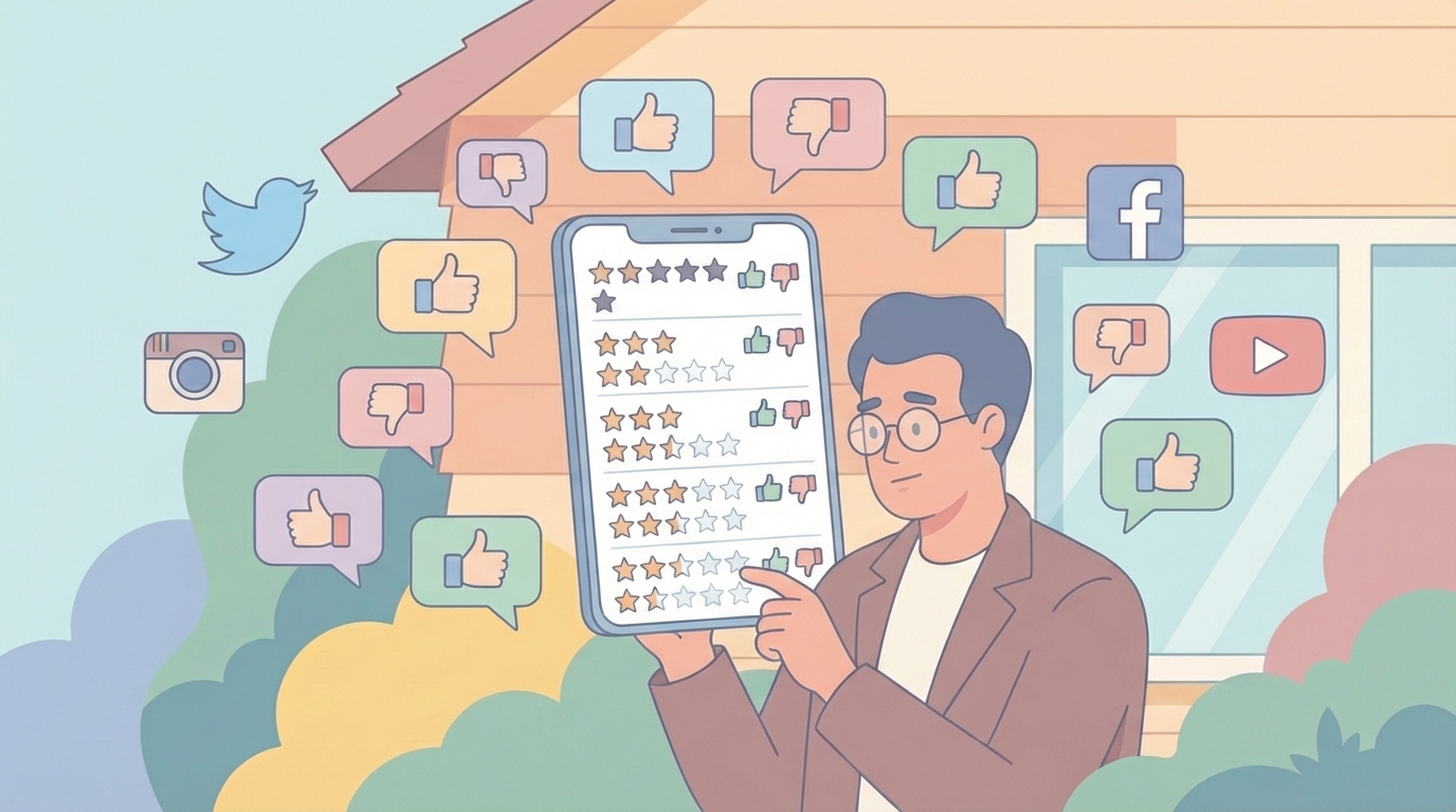 スマートフォンでレビューや口コミを確認する男性のイラスト