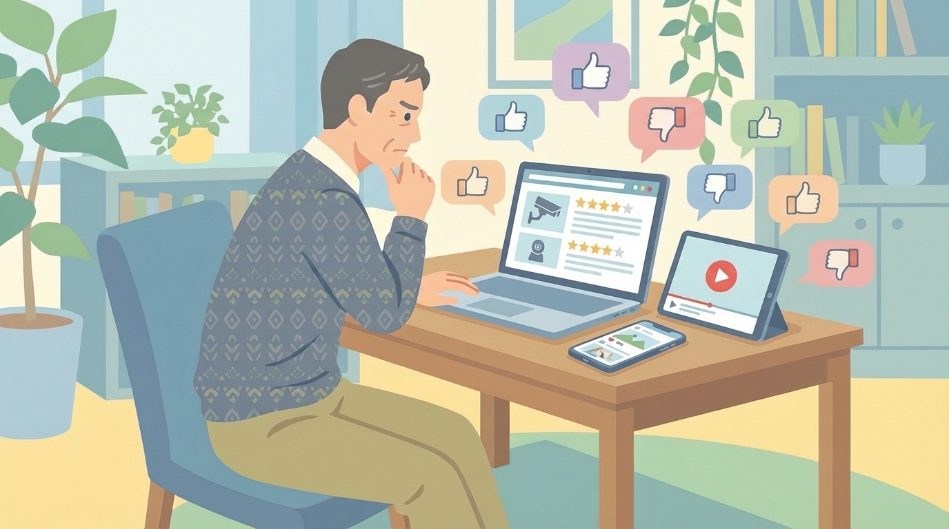 複数のデバイスで口コミを確認する男性のイラスト