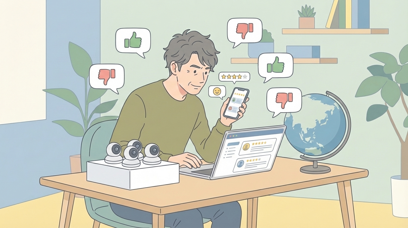 スマホとPCで口コミを確認する男性のイラスト