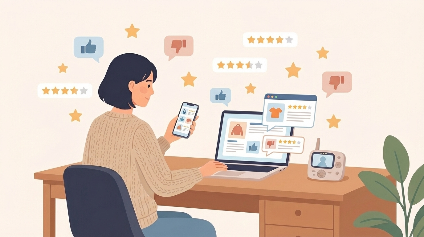 スマホとPCで口コミを確認する女性のイラスト