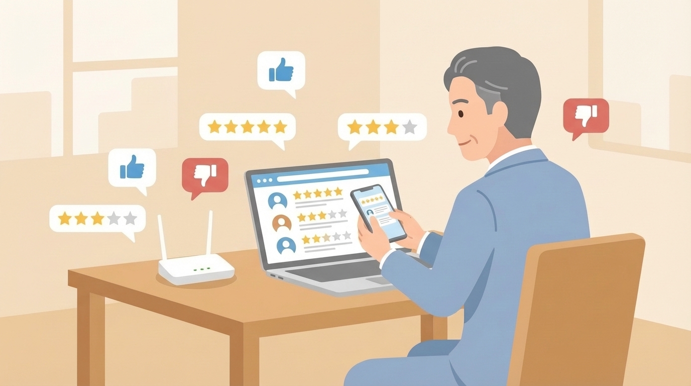 スマホとPCで口コミを確認する男性のイラスト