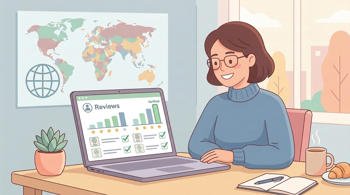 レビュー分析ツールの画面とチェックリストを確認する人のイラスト