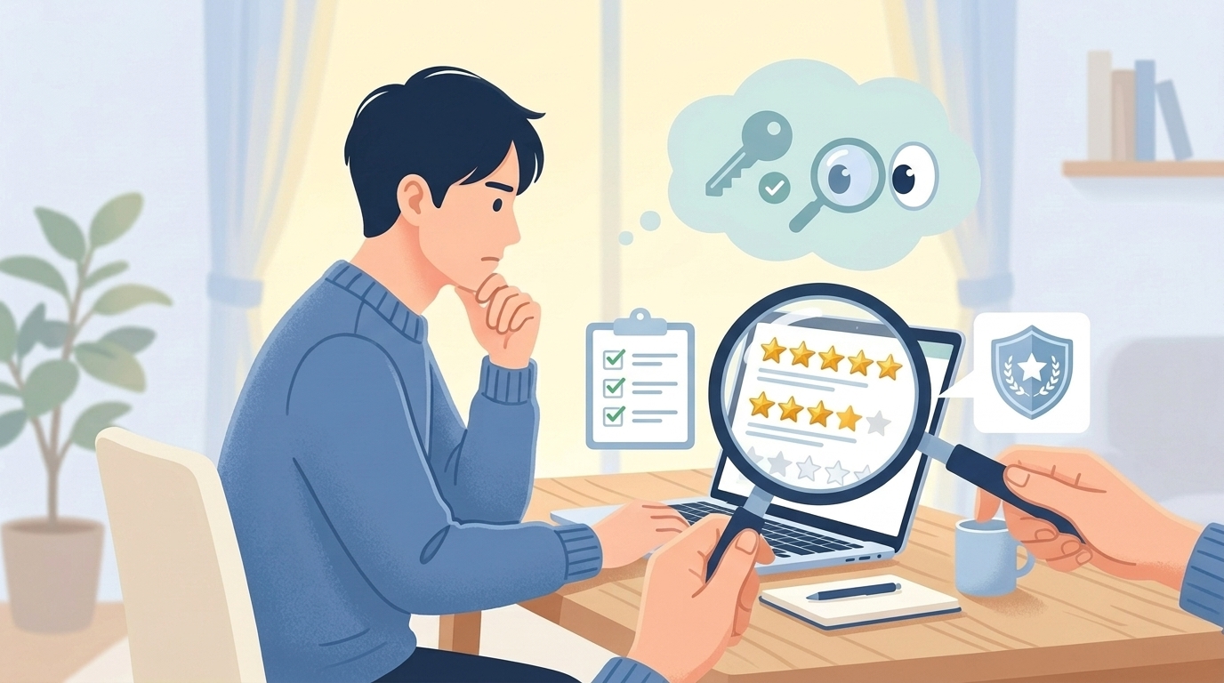 虫眼鏡でスター評価を検証しているイラスト