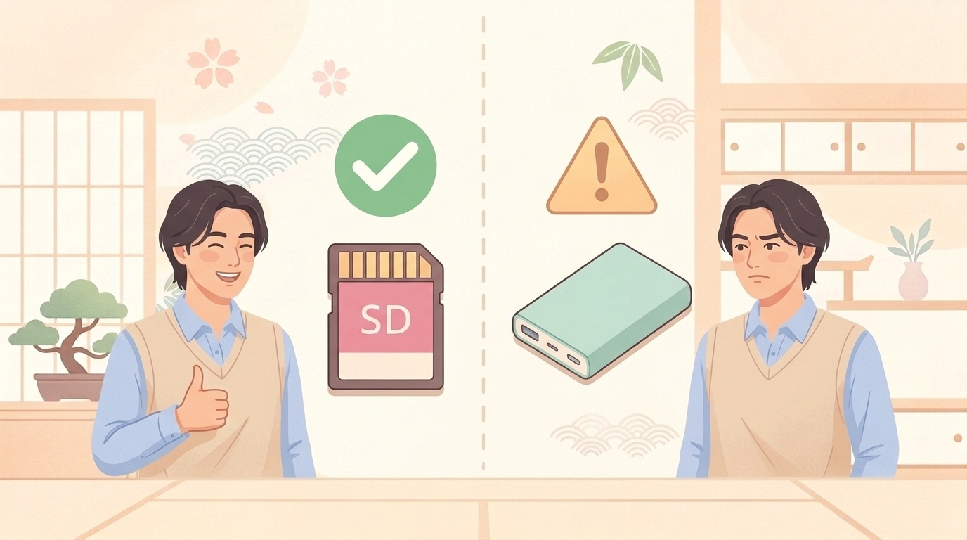 SDカードに満足する人とモバイルバッテリーに注意が必要な人の比較イラスト