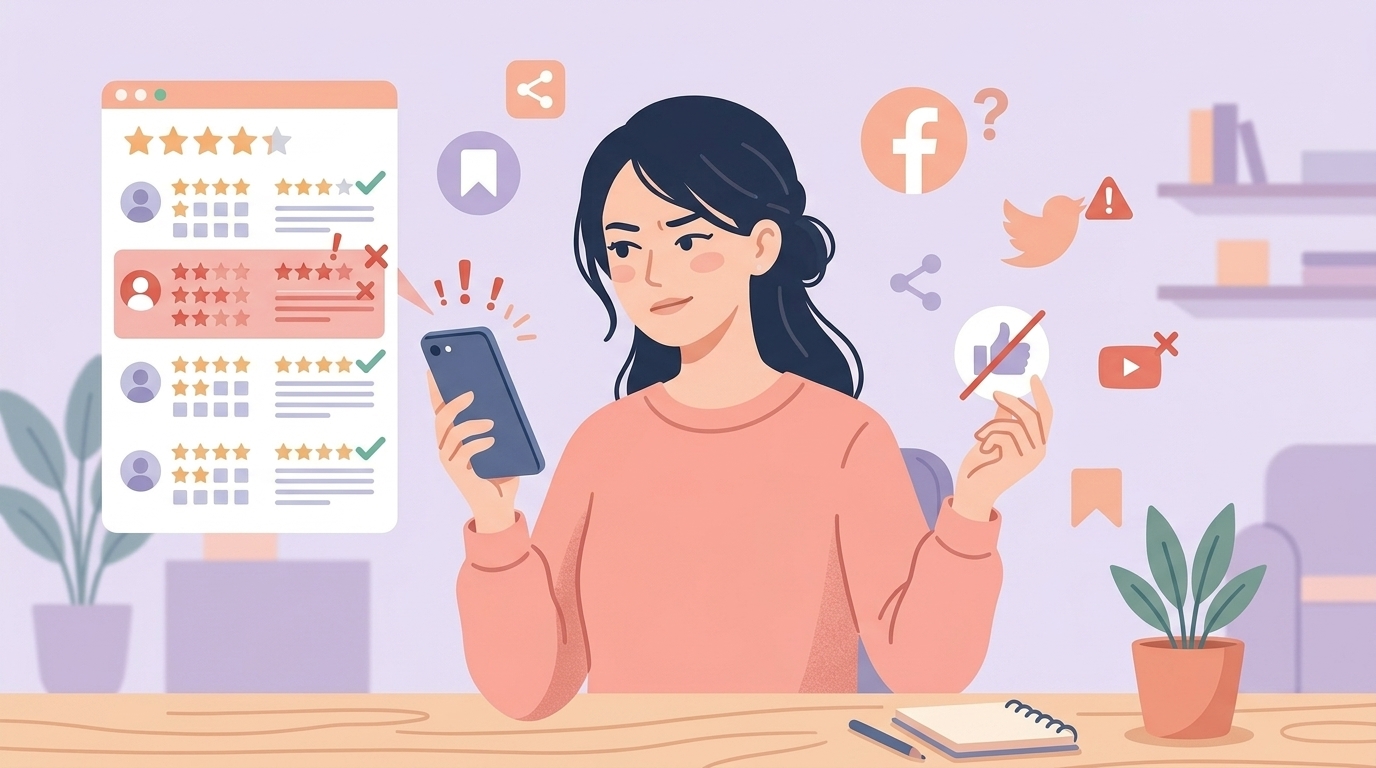 Amazonレビューの信頼性をスマートフォンで確認する女性のイラスト