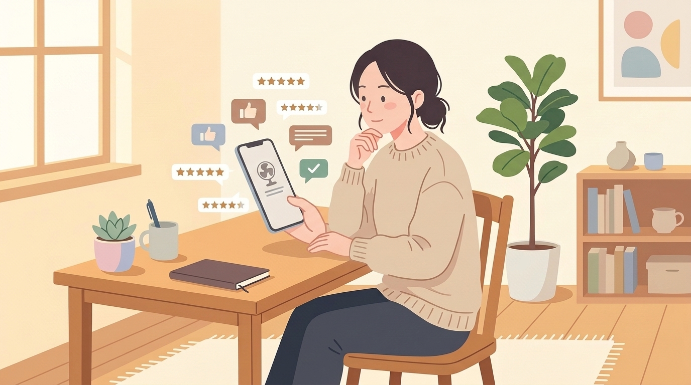 スマホの星評価と口コミを確認する女性のイラスト