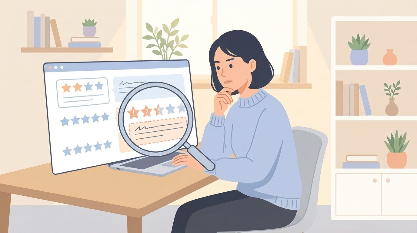 レビューを虫眼鏡で調査する女性のイラスト