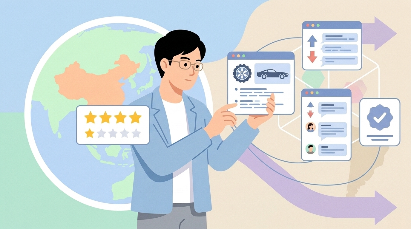 複数の口コミプラットフォームを比較検証するイラスト