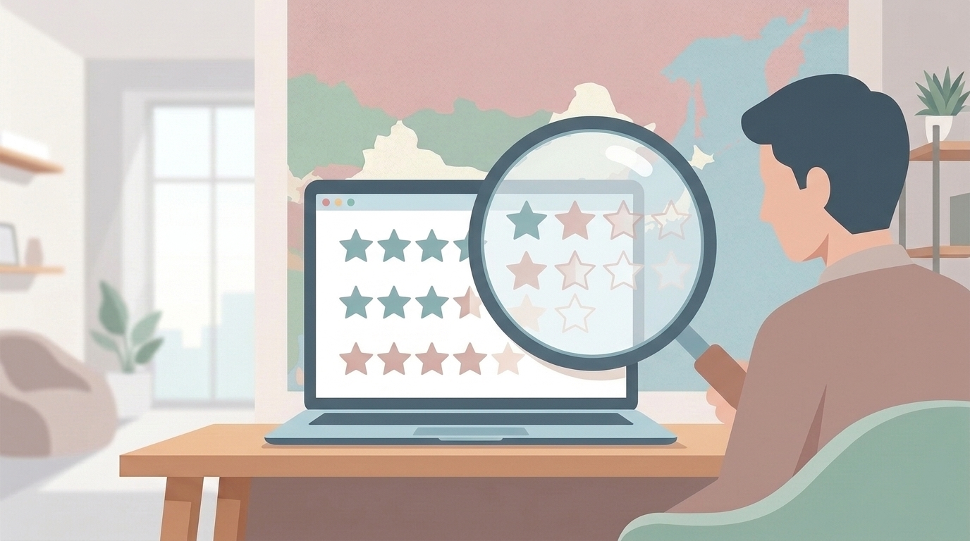 ノートパソコンのレビュー画面を虫眼鏡で調べる人物のイラスト