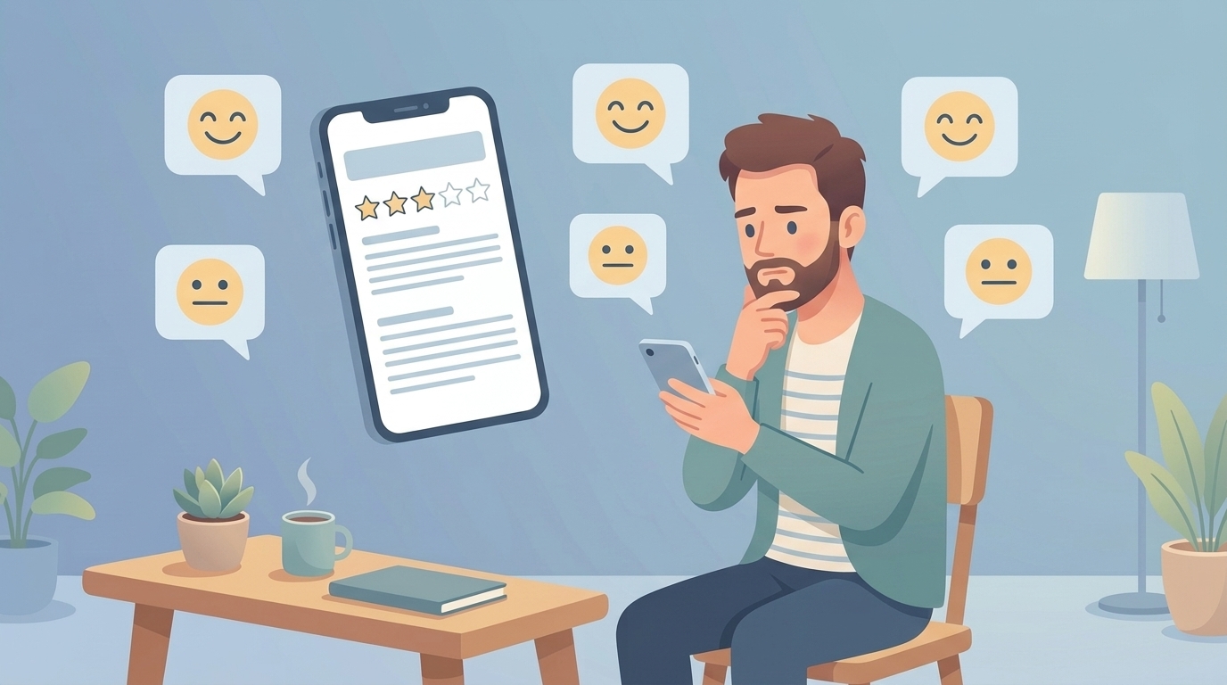 スマートフォンのレビューを確認する男性のイラスト