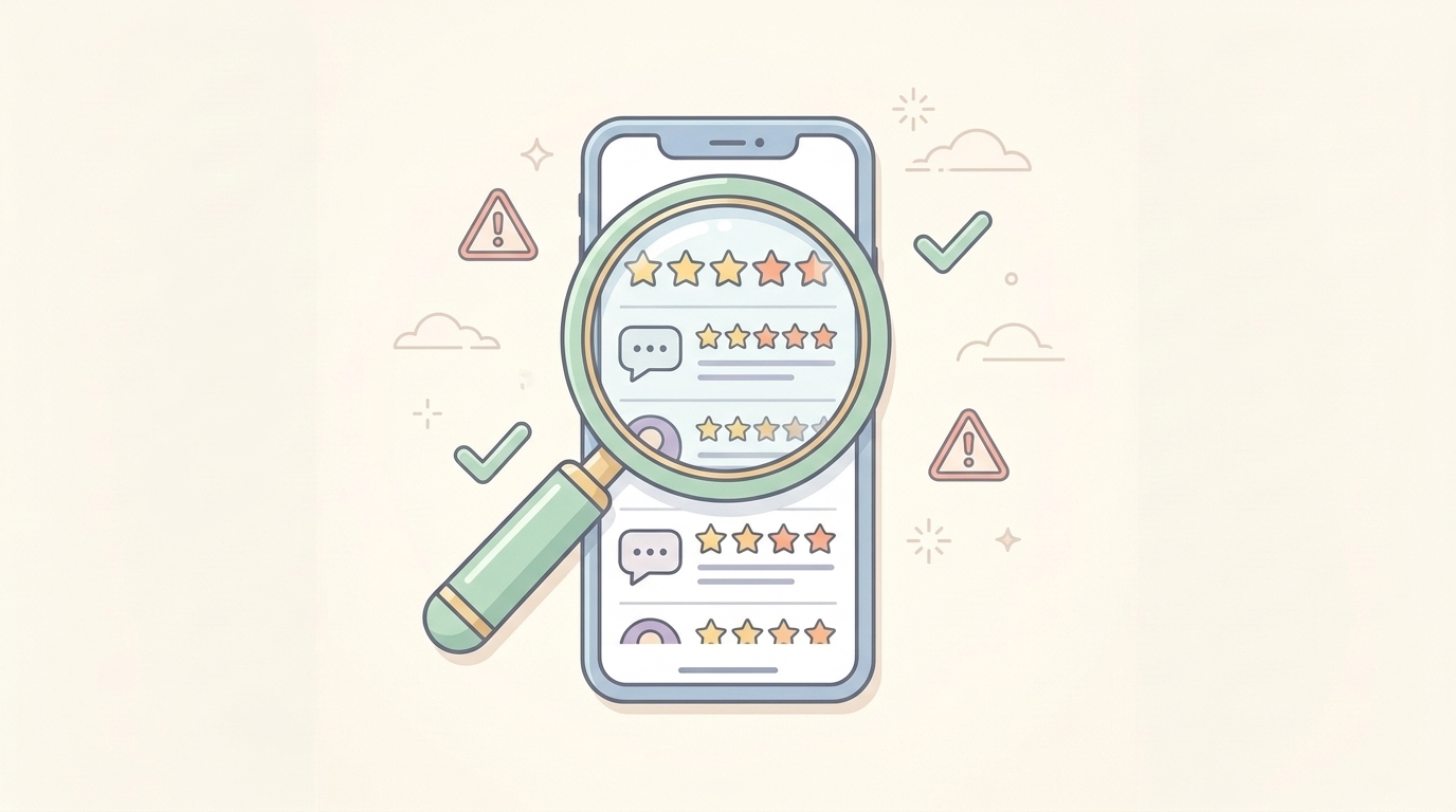 スマートフォンのレビューをルーペで確認する様子のイラスト