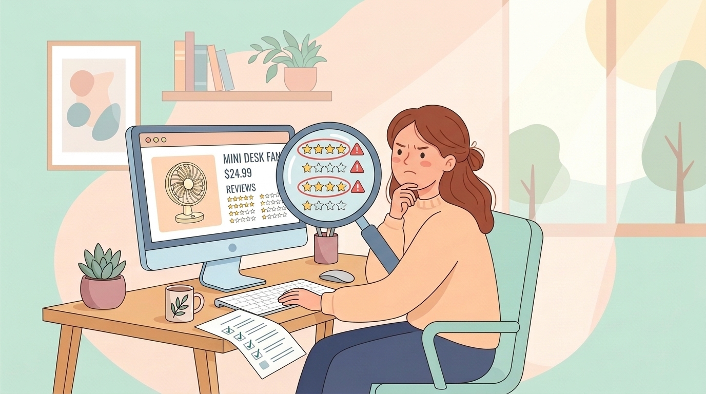 虫眼鏡でレビューの星評価を調べる女性のイラスト