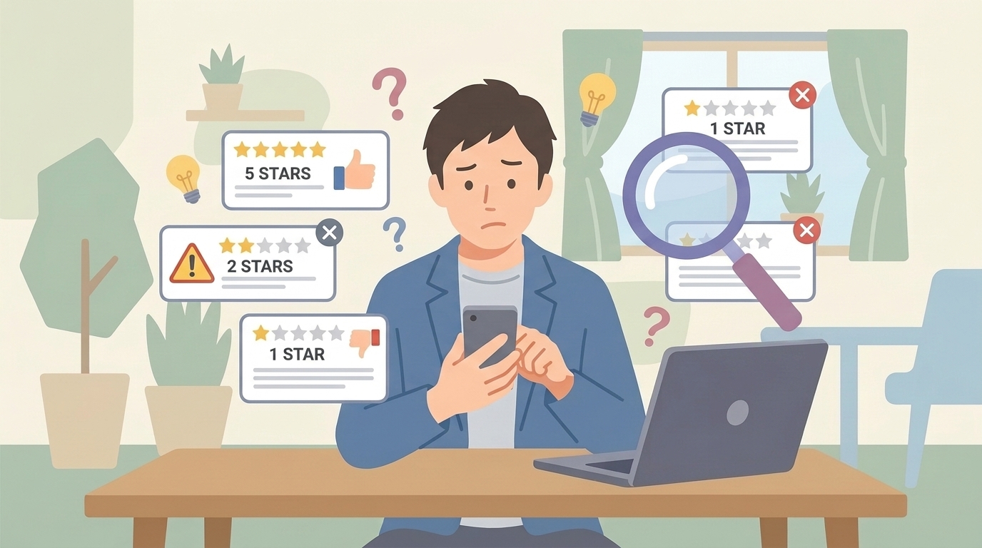 レビューの信頼性を検証するイラスト