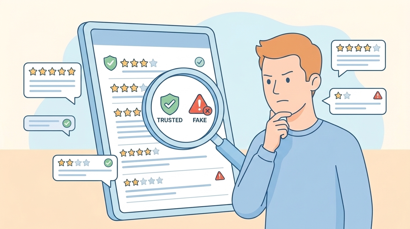 虫眼鏡でAmazonレビューの真偽を調べる男性のフラットイラスト