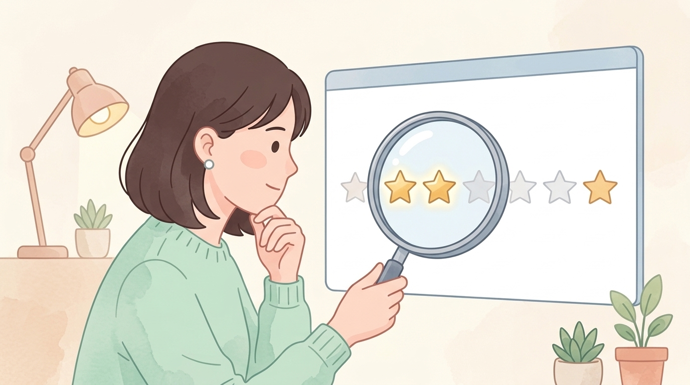 虫眼鏡でAmazonのスター評価を調べる女性のイラスト