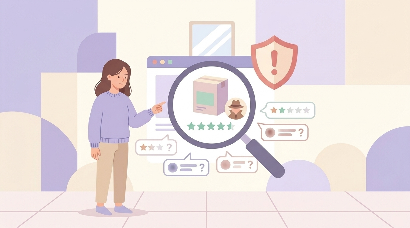 レビューページを虫眼鏡で確認する女性と警告シールドのイラスト