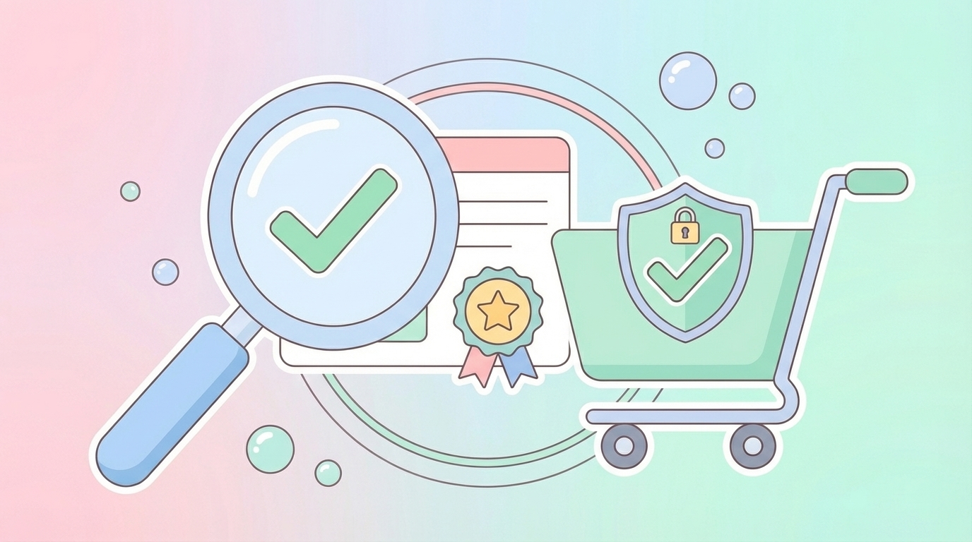 虫眼鏡で商品レビューを確認する信頼性検証のイラスト