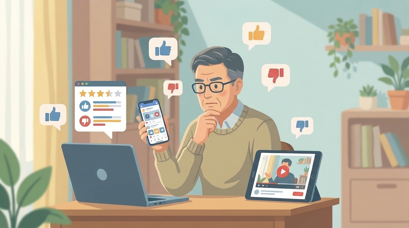 複数のデバイスで口コミを確認する男性のイラスト