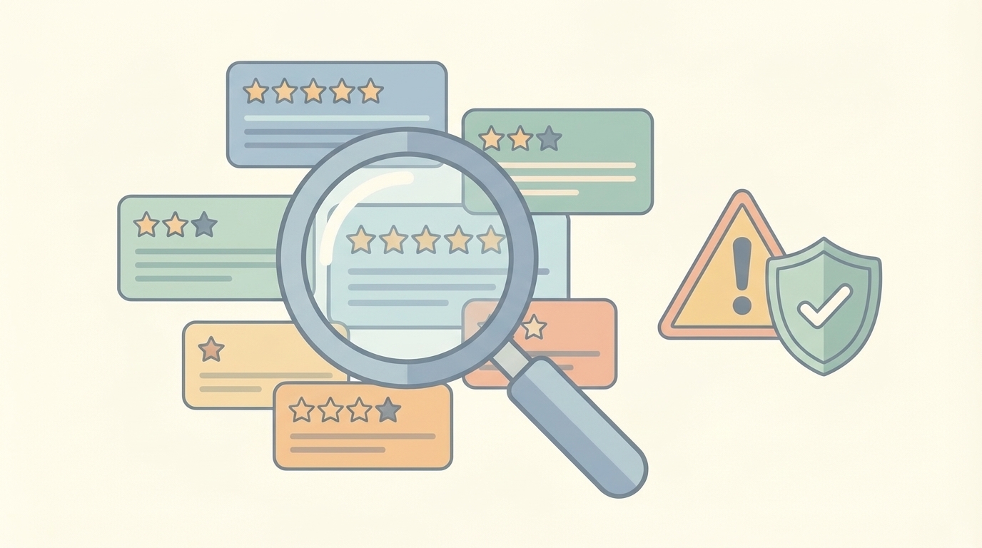 レビューカードを虫眼鏡で検証するイラスト