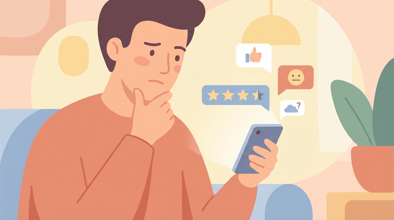 レビュー評価を確認する男性のイラスト