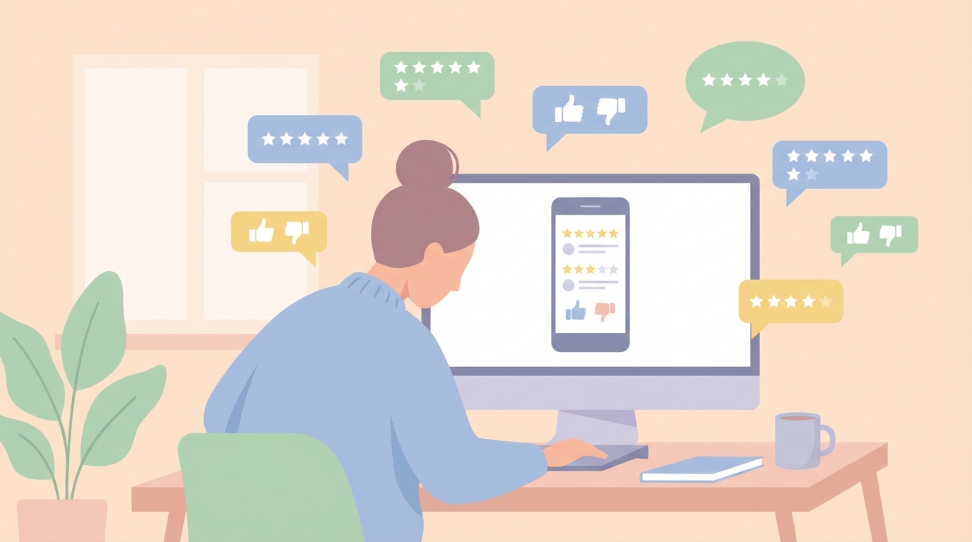 レビュー評価を分析する女性のイラスト