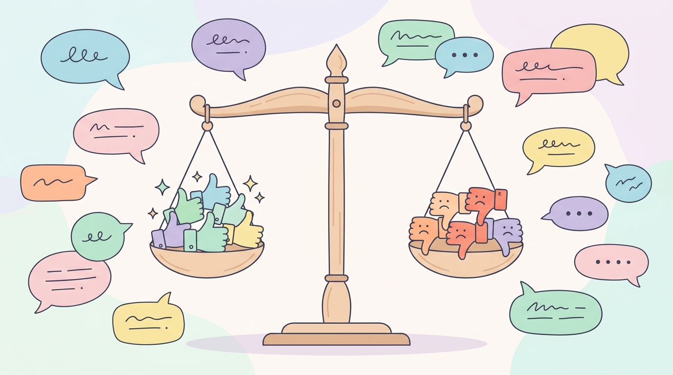 賛否両論の口コミを天秤にかけるイメージイラスト