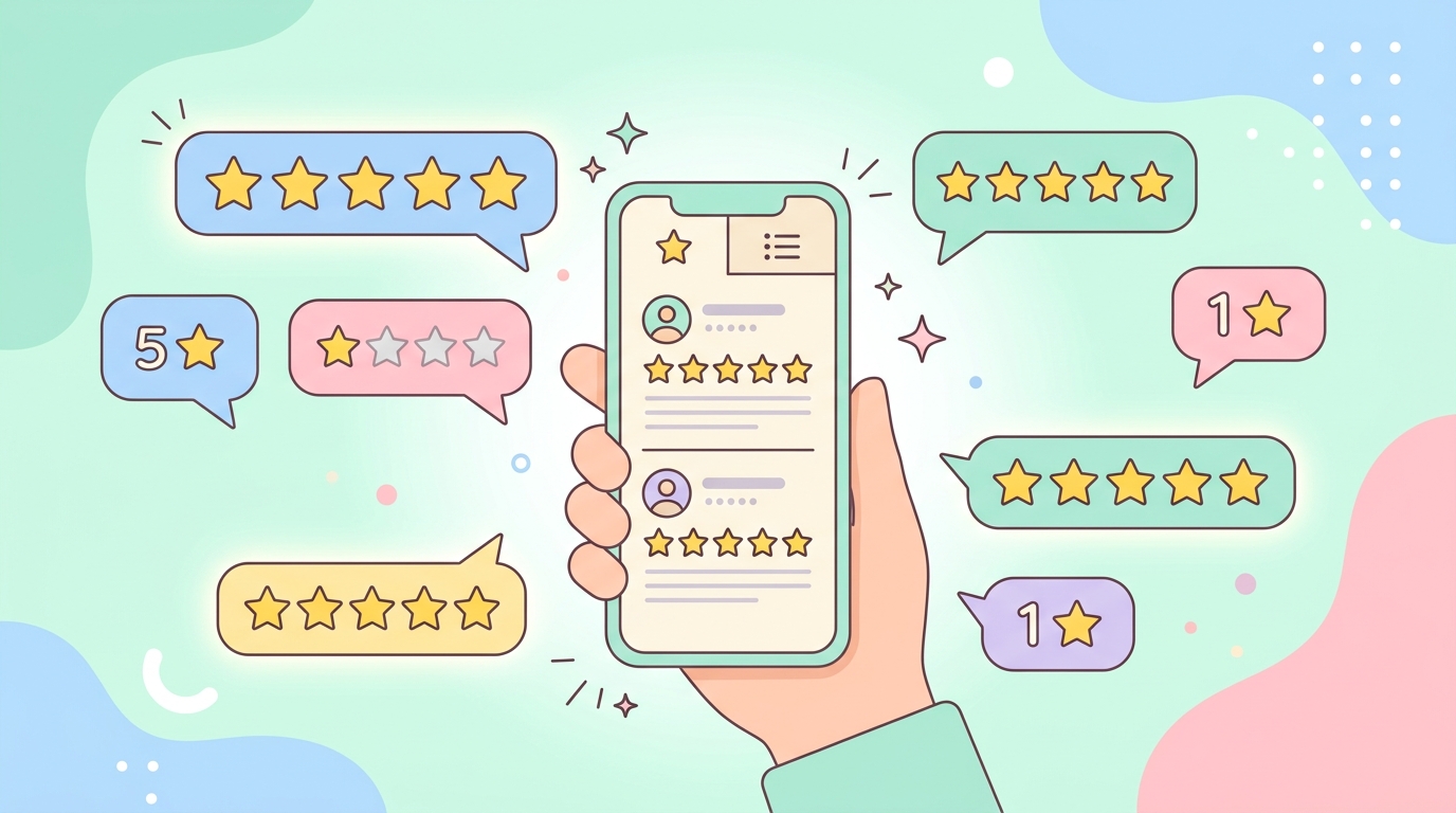 ユーザーレビューの星評価が混在するイメージイラスト