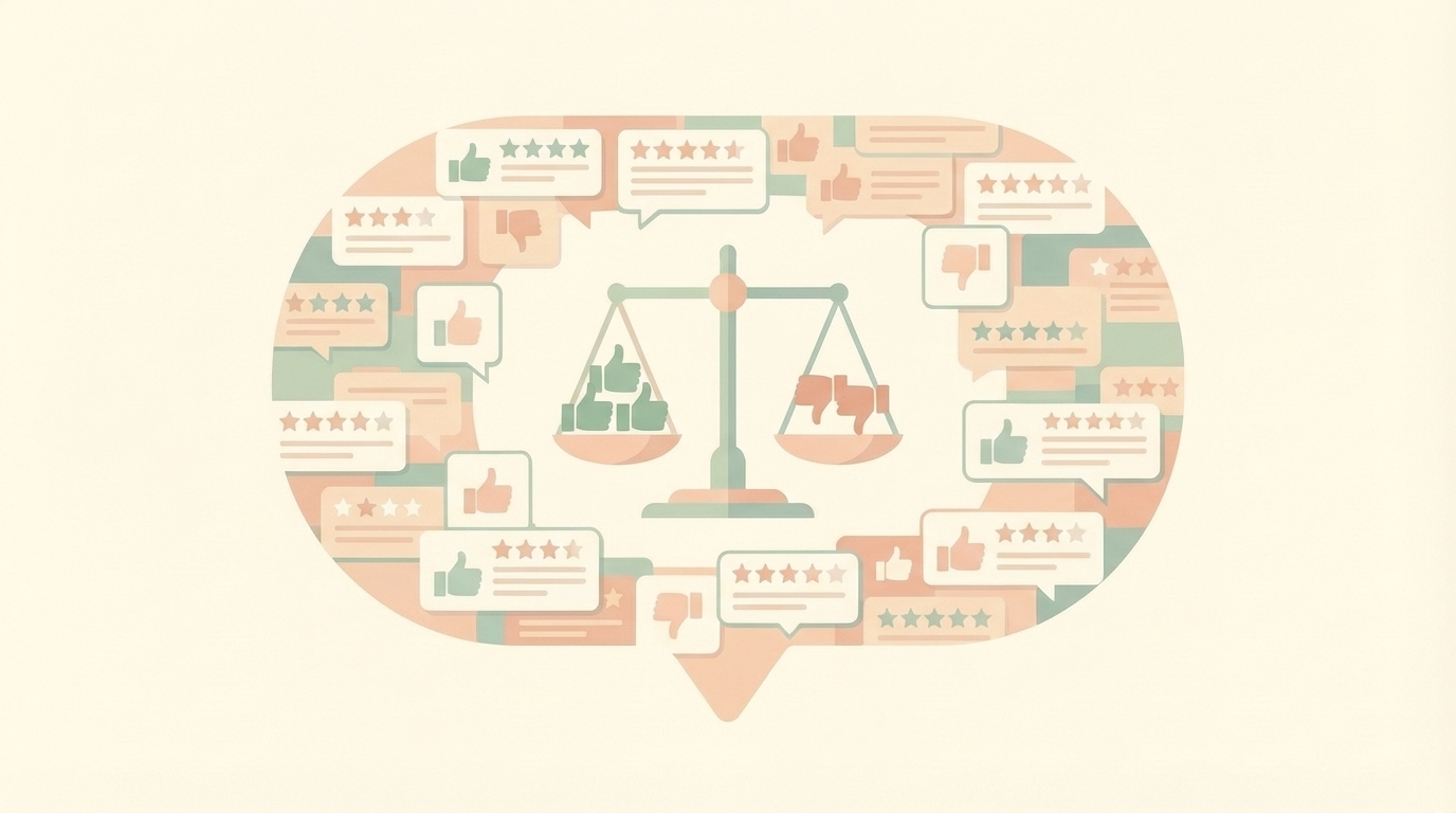 ユーザーレビューの星評価と賛否を天秤で比較するイラスト