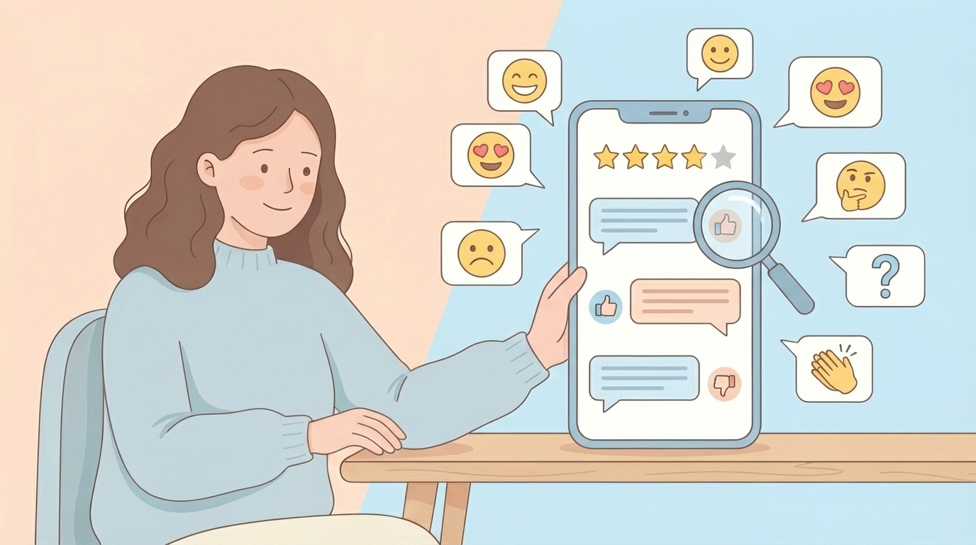 スマホでレビューや評価を確認する女性