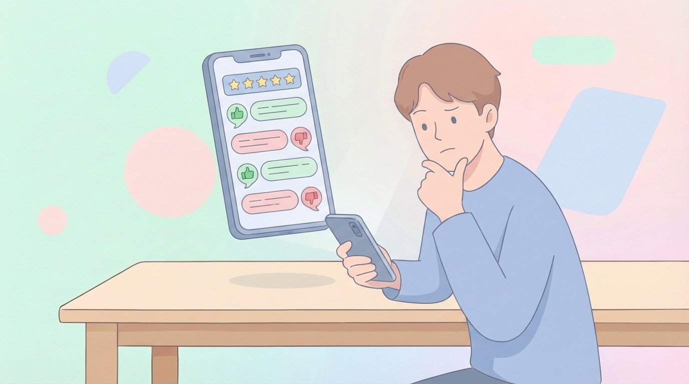 スマホでレビューを確認する男性のイラスト