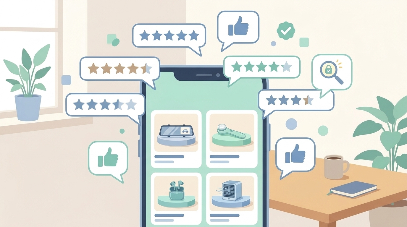 スマホに表示された口コミと星評価のイラスト