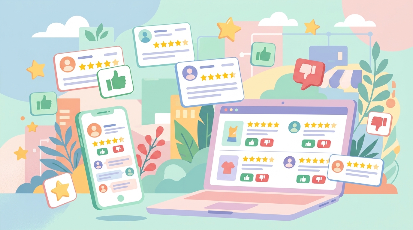 複数プラットフォームの口コミ・レビューを比較するイラスト