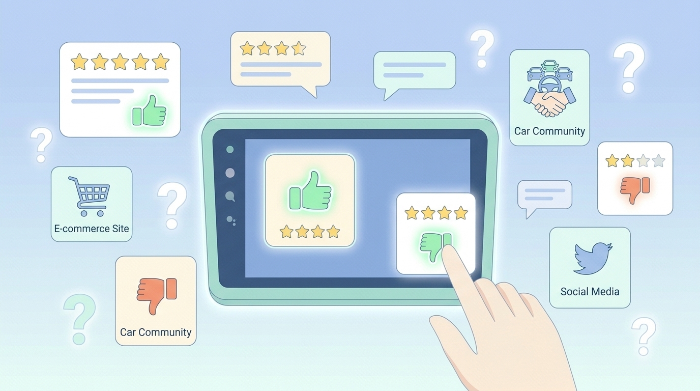 複数プラットフォームでのレビュー検証イメージイラスト