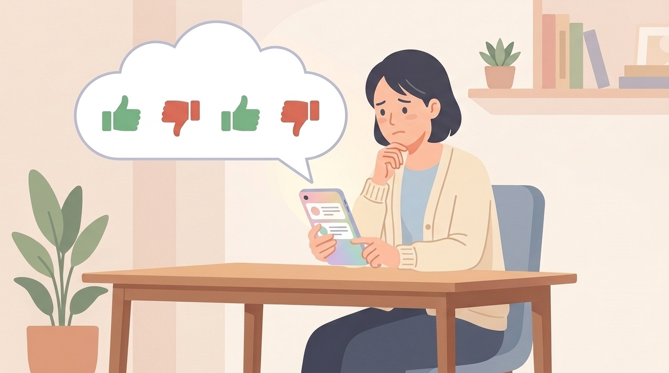 スマートフォンで口コミを確認する人のイラスト