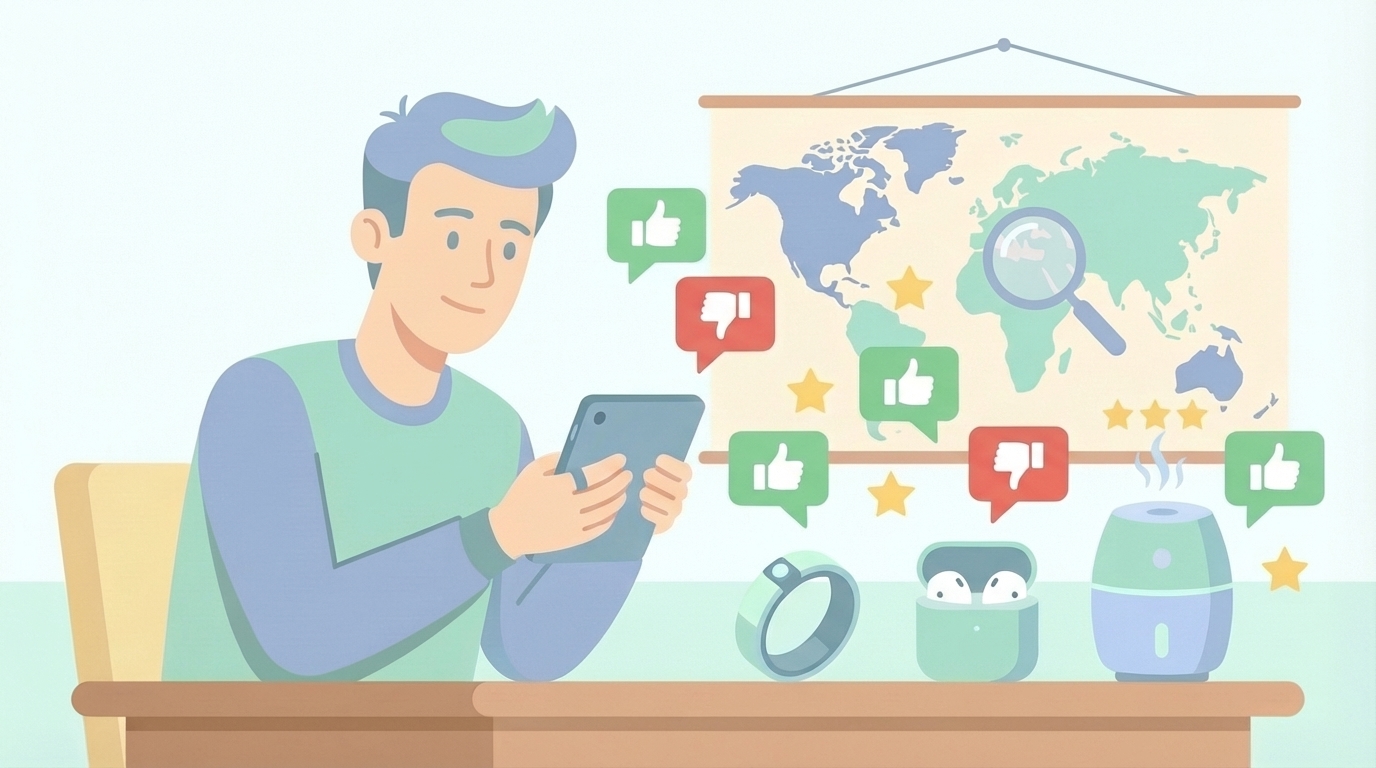 製品の口コミや評価を調べる男性のイラスト