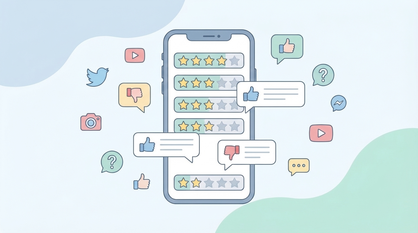 スマホに表示された星評価とSNS口コミのイラスト