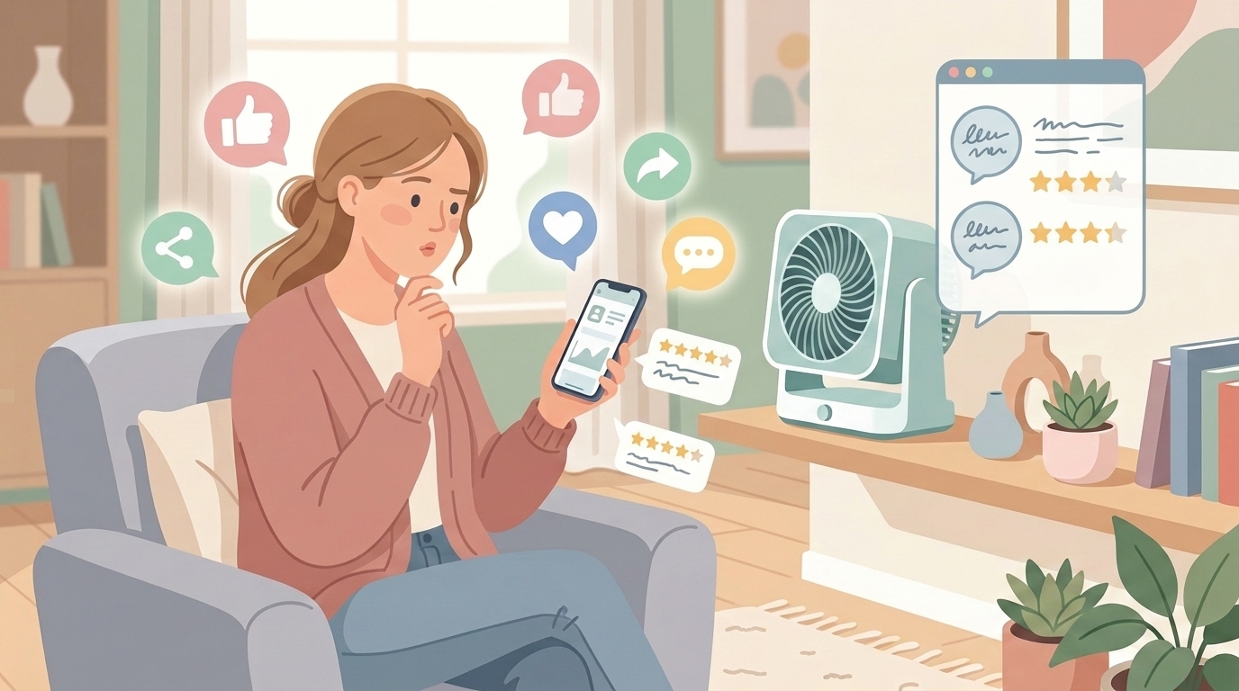 スマートフォンでSNSレビューを確認する女性のイラスト