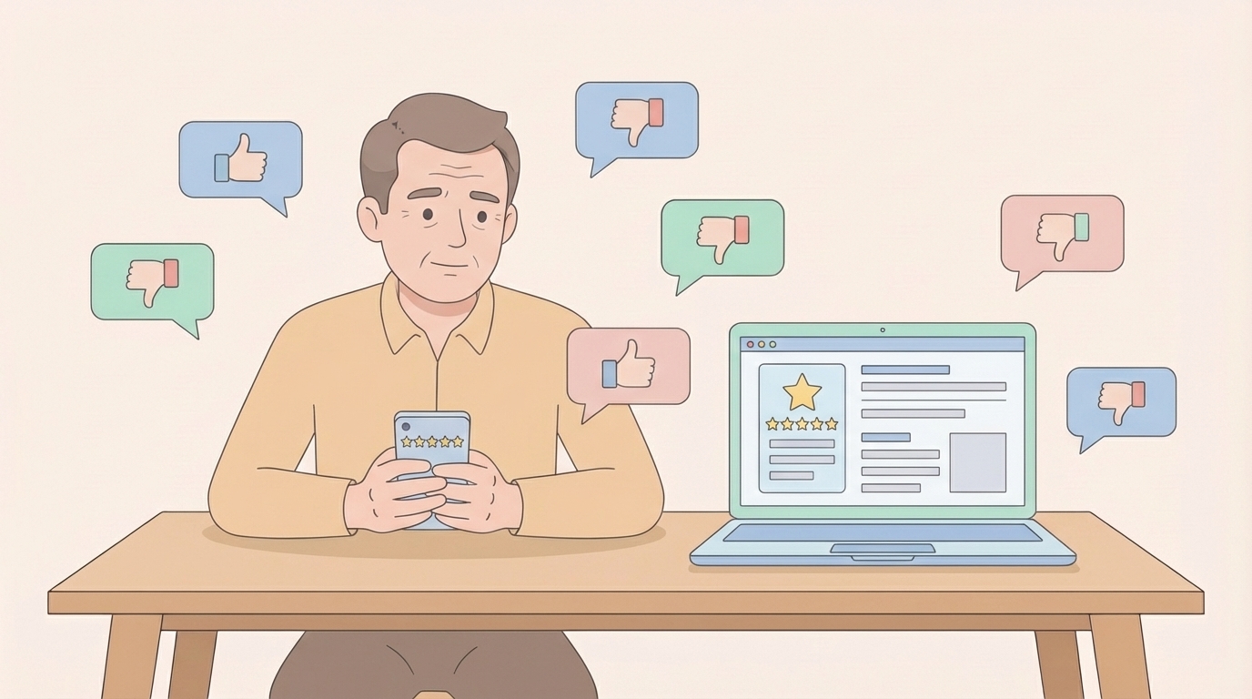 スマホでレビューを確認する中年男性のイラスト